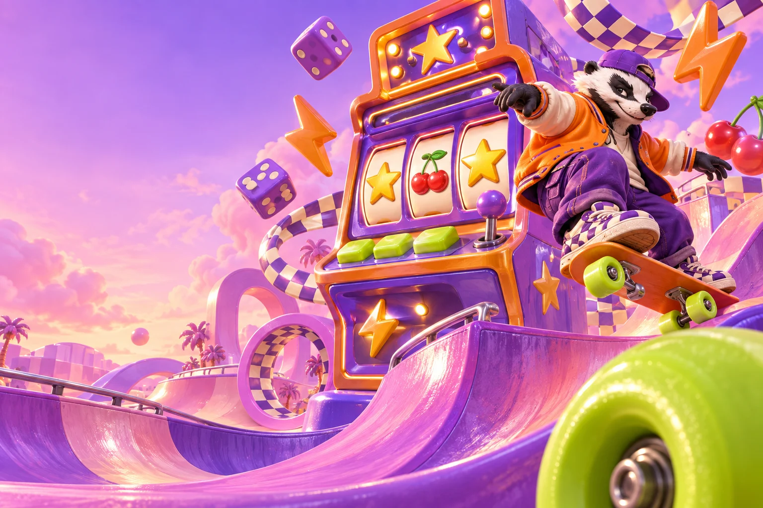 A cartoon badger skater leaps beside a giant violet arcade machine in a glossy pink skatepark.