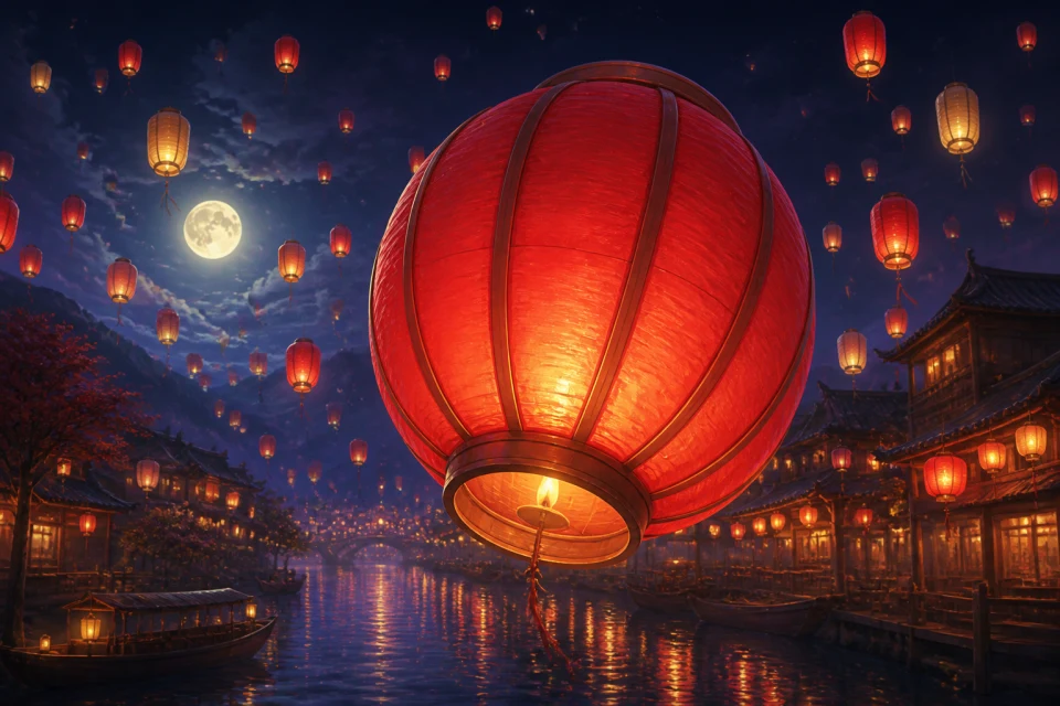Handmade paper lanterns in a fictional night festival