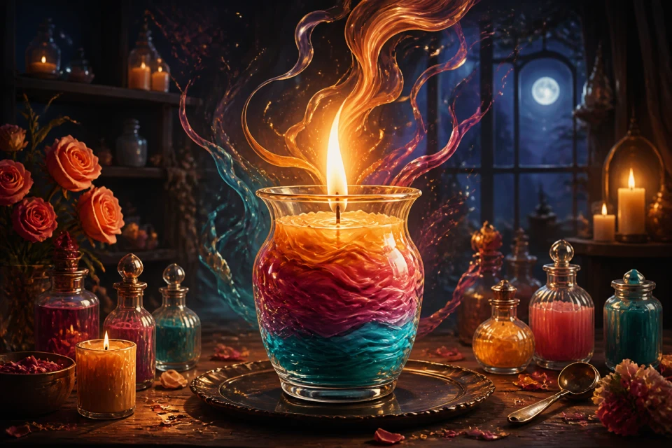 Layered candle wax and golden flame