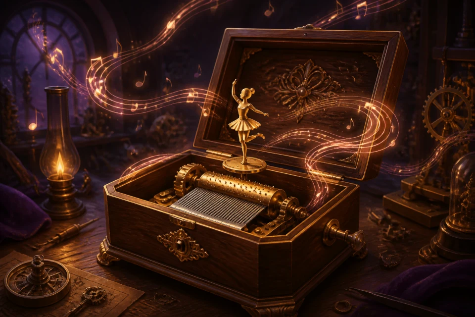 Wooden music box with a gold pinned cylinder