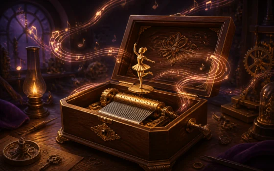 Wooden music box with a gold pinned cylinder