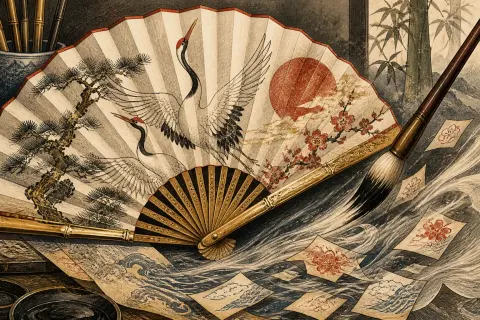 Silk fan and engraved crane atelier
