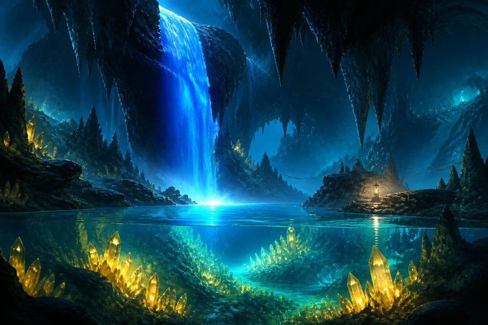 Blue underground waterfall and gold crystals