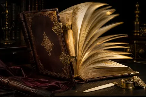 Leather volume beneath a gold press