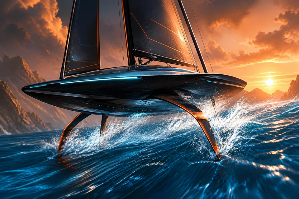 Futuristic yacht racing above cobalt water