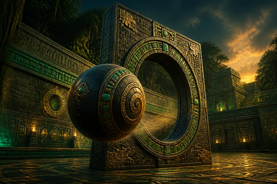 Carved stone court and jade-inlaid rubber ball