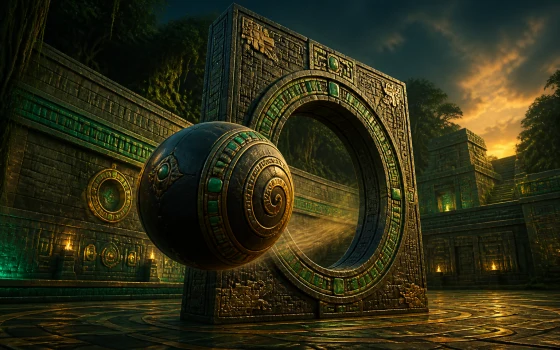 Carved stone court and jade-inlaid rubber ball