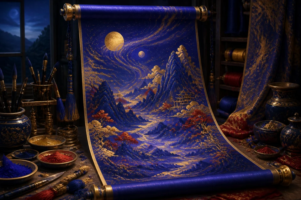 Respectful artisan scroll with an imaginary celestial landscape