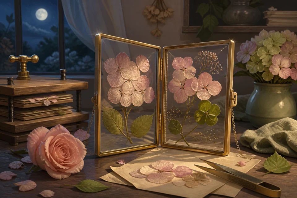 Pressed hydrangeas in brass glass frames