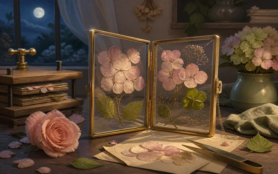Pressed hydrangeas in brass glass frames
