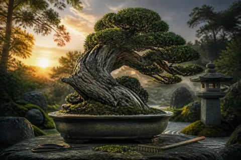 Ancient miniature oak at sunrise